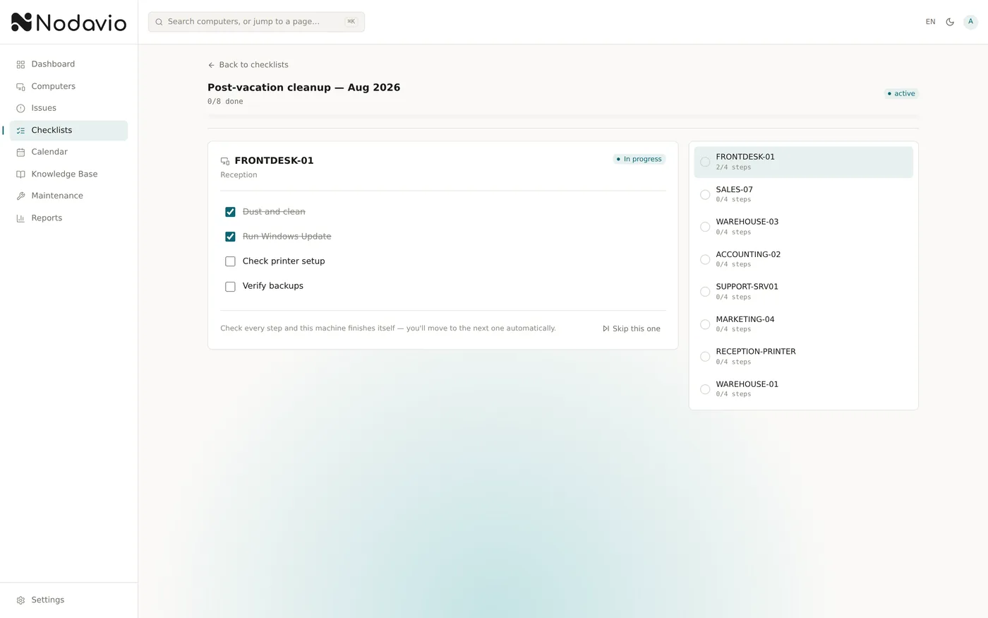 Checklist round in progress with auto-advancing queue